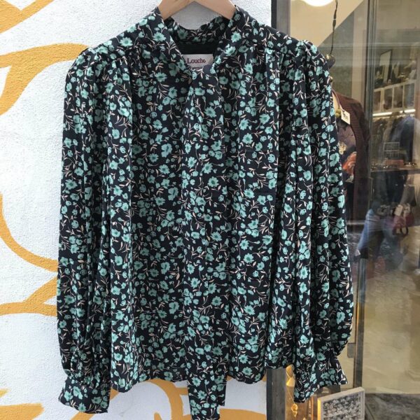 Camicia blusa fondo nero fiori turchesi
