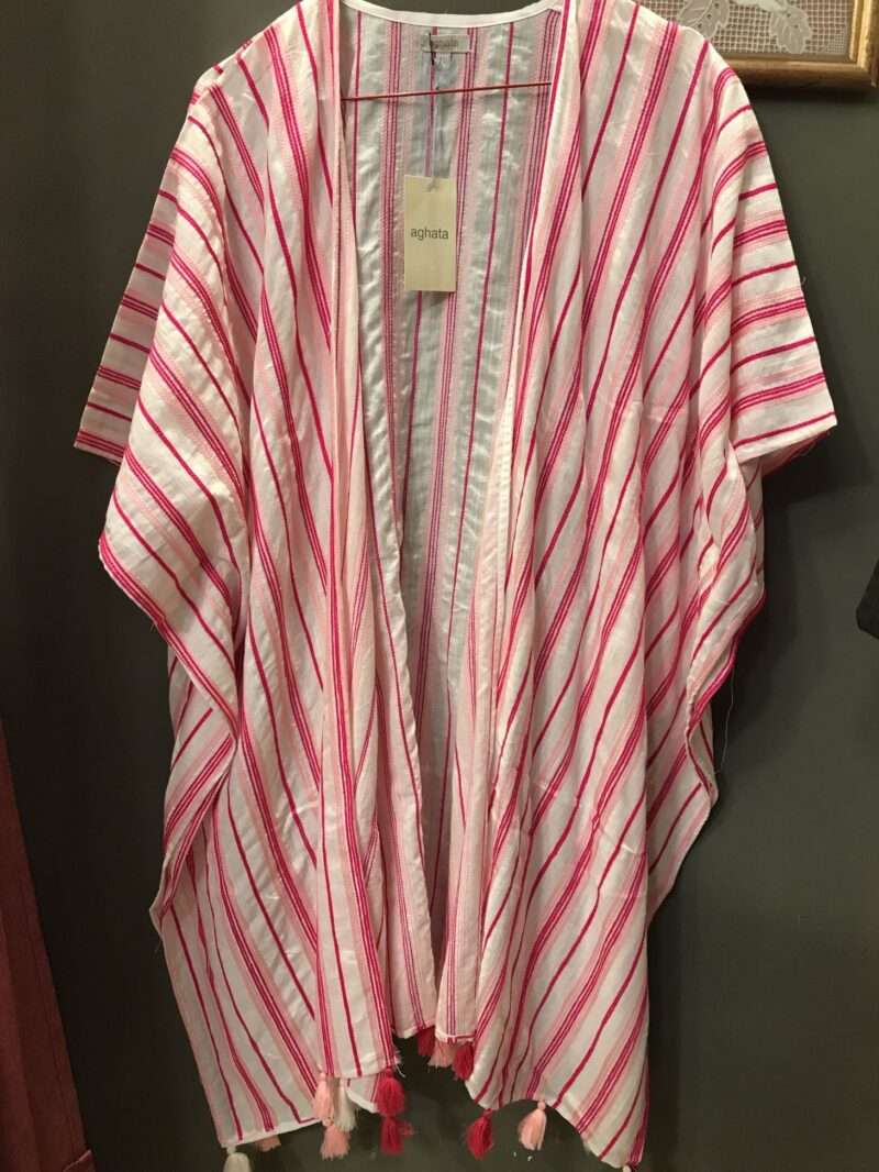 Kaftan a righe bianco fuxia con nappine brand Aghata - immagine 2